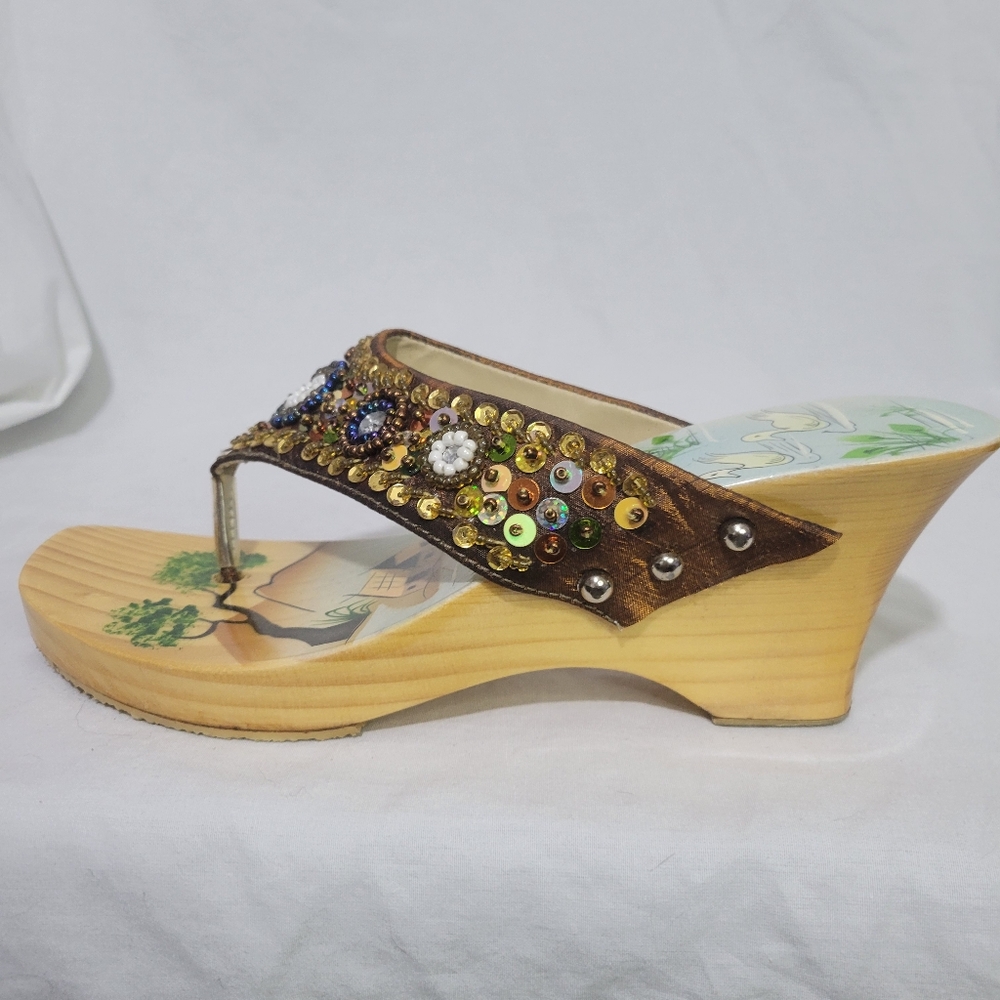 Vintage Y2K Bamboo Wooden Wedge Sandals Boho Sequin Painted Size 7 - Picture 7 of 13